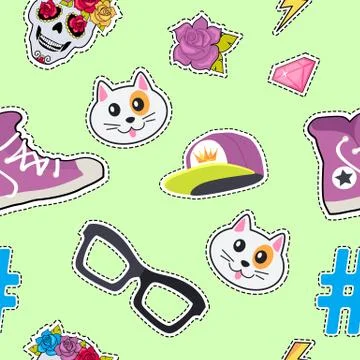 Seamless Pattern with Cap, Cat, Glasses, Thunder Stock Illustration