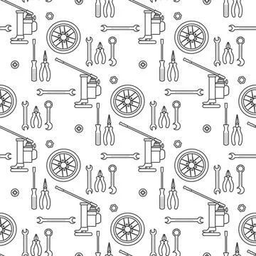 Seamless pattern of car repair tools and tires in monochrome suitable as ba.. Stock Illustration