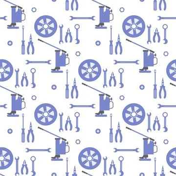 Seamless pattern with car repair tools in blue tones on a white background Stock Illustration