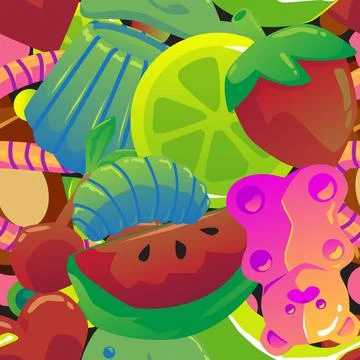 Seamless pattern with caramel and jelly candies, flat vector illustration. Stock Illustration