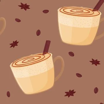 Seamless pattern. Caramel latte with cinnamon in a glass cup. Cozy drink. Illustrazione stock