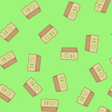 Seamless pattern Cardboard box featuring a green recycling symbol and various Stock Illustration