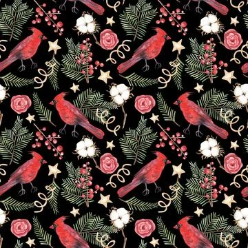 Seamless pattern. Cardinal bird and thuja twigs, cotton watercolor illustration Stock Illustration