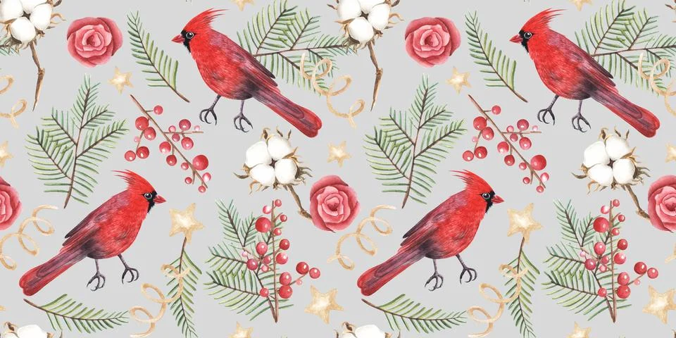 Seamless pattern. Cardinal bird and thuja twigs, cotton watercolor illustration Stock Illustration