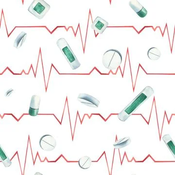 Seamless pattern with cardiogram, adhesive tape and pills. Watercolor Stock Illustration