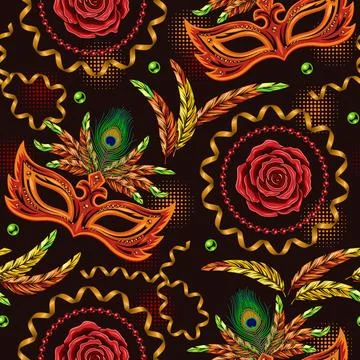 Seamless pattern with carnival masks, feathers, serpentine ribbons, streamter Stock Illustration