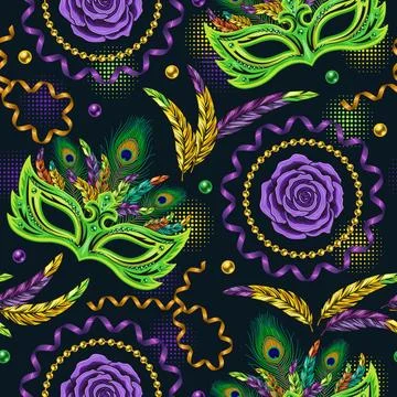 Seamless pattern with carnival masks, feathers, serpentine ribbons, streamter Stock Illustration