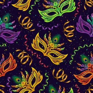 Seamless pattern with carnival masks, serpentine ribbons, streamers Illustrazione stock