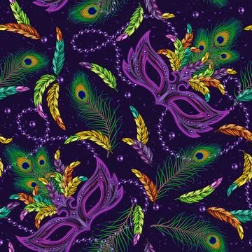 Seamless pattern with carnival purple mask, string of beads, feathers Stock Illustration