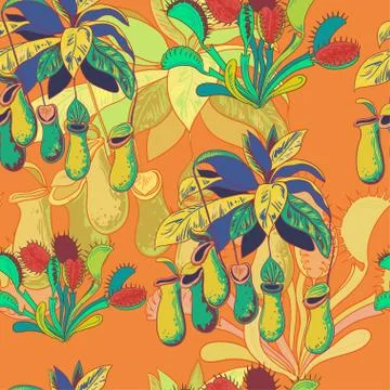 Seamless pattern with carnivores plants. Vector illustration. Stock Illustration