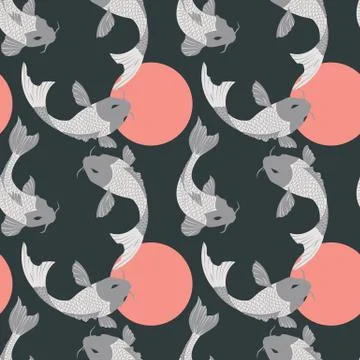 Seamless pattern with carp koi fish and sun, traditional japanese art Stock Illustration