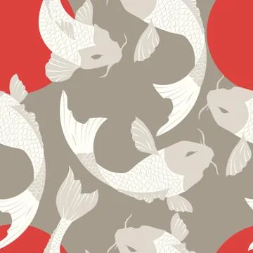 Seamless pattern with carp koi fish and sun, traditional japanese art Stock Illustration