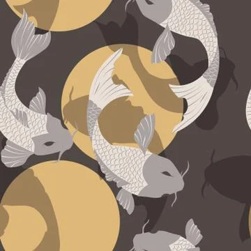 Seamless pattern with carp koi fish and sun, traditional japanese art Stock Illustration
