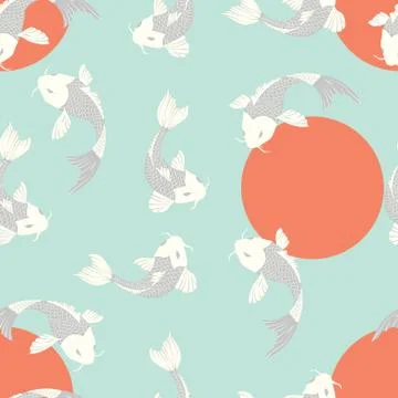 Seamless pattern with carp koi fish and sun, traditional japanese art Stock Illustration