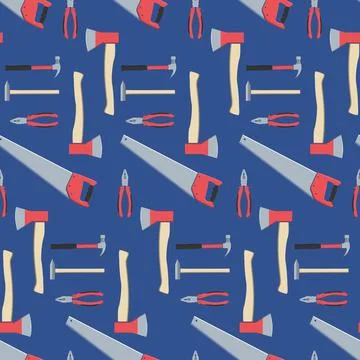 Seamless pattern with carpenter's tools - ax, hammer, hand saw and pliers Stock Illustration