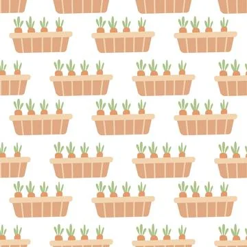 Seamless pattern with carrot baskets in soft pastel style. Flat farm and garden Stock Illustration