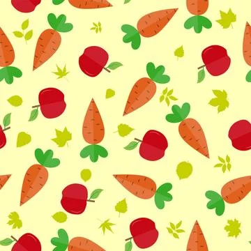 Seamless pattern with carrot fruit, apples and leaves for textile and pack... Stock Photos