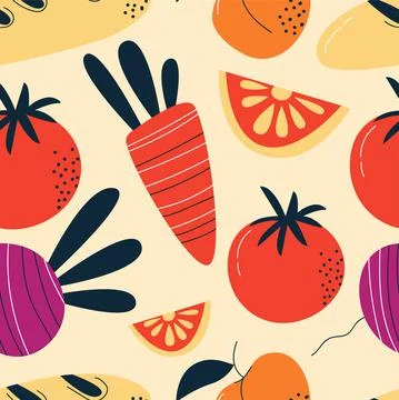 Seamless pattern with carrots, beets, tomatoes on a light background. Stock Illustration