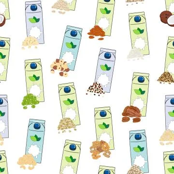 Seamless pattern of carton boxes with plant-based milk. Vegan milk Stock Illustration