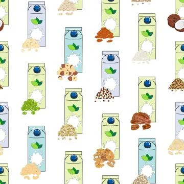 Seamless pattern of carton boxes with plant-based milk. Vegan milk Stock Illustration