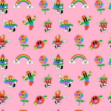 Seamless pattern Cartoon abstract characters feature in retro Illustrazione stock