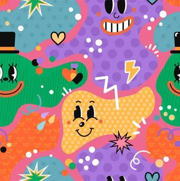 Seamless Pattern with Cartoon Abstract Funny Comic Characters Illustrazione stock