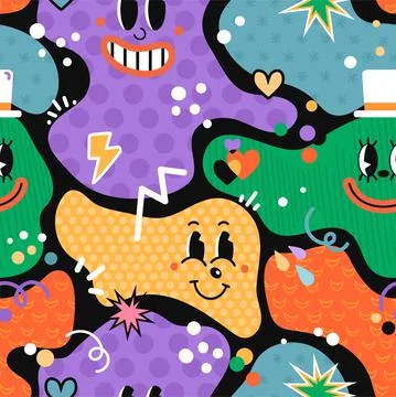 Seamless Pattern with Cartoon Abstract Funny Comic Characters Illustrazione stock