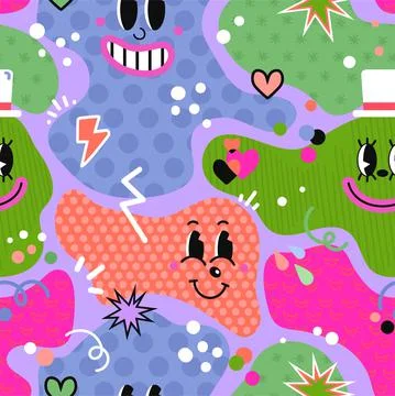 Seamless Pattern with Cartoon Abstract Funny Comic Characters 스톡 일러스트