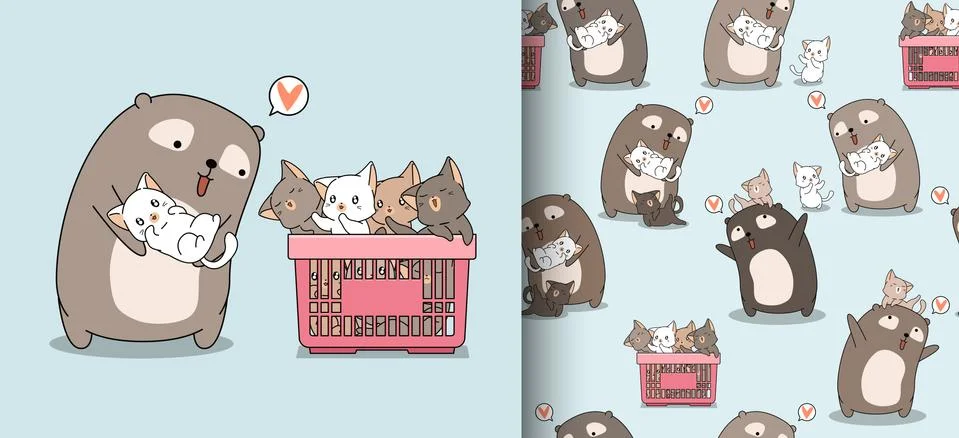 Seamless pattern cartoon adorable bear is loving cats Stockillustratie