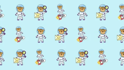 Seamless pattern of cartoon animal astronaut, rocket, and science icons Stock Footage 318947757