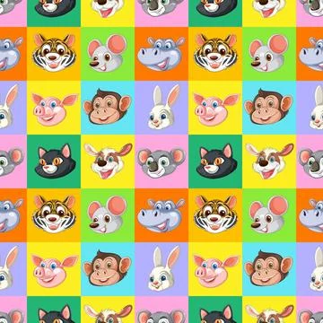 Seamless Pattern of Cartoon Animal Faces on Colorful Checkered Background 스톡 일러스트