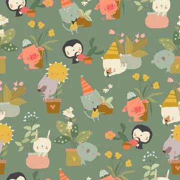 Seamless Pattern with Cartoon Animals and Houseplants Stock Illustration