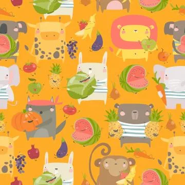 Seamless pattern with cartoon animals holding fruits and vegetables on orange Stock Illustration