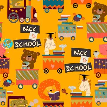 Seamless Pattern with Cartoon Animals riding to the School by Train Stock Illustration