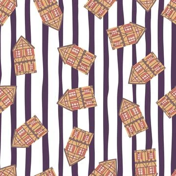 Seamless pattern with cartoon architecture house elements print. Purple and w Stock Illustration