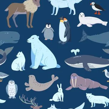 Seamless pattern with cartoon arctic and antarctic animals. Vector hand-dra.. Stock Illustration