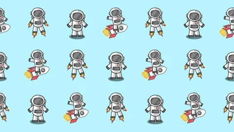 Seamless pattern of cartoon astronauts and flying rockets on a background Stock Footage 319452011