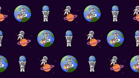 Seamless pattern of cartoon astronauts, planets, and space travel icons Stock Footage 319449606