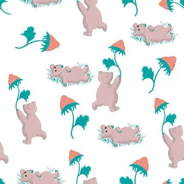 Seamless Pattern with Cartoon Bear Character Illustration Design on White 스톡 일러스트