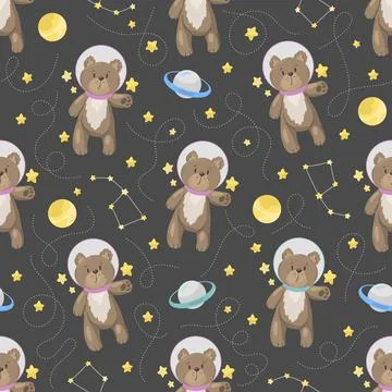 Seamless pattern cartoon bears in spacesuit, space Stock Illustration