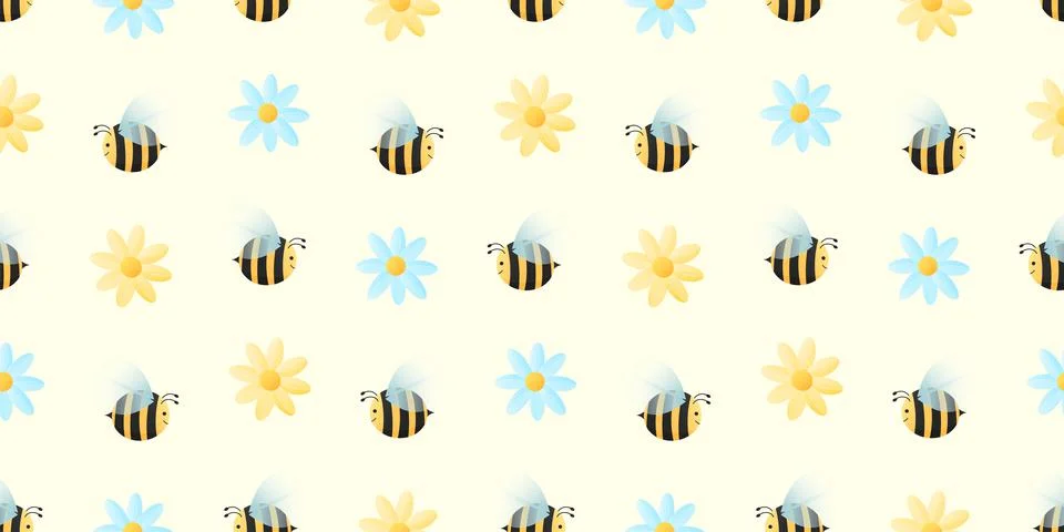 Seamless pattern with cartoon bees and flowers. Vector illustration イラスト素材