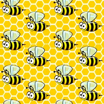 Seamless pattern of cartoon bees on honeycombs. Stock Illustration