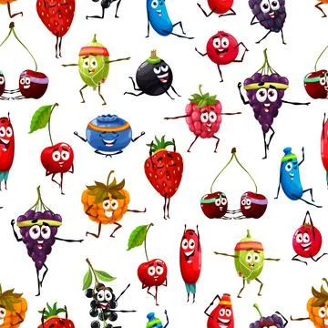 Seamless pattern with cartoon berries doing yoga Stock Illustration