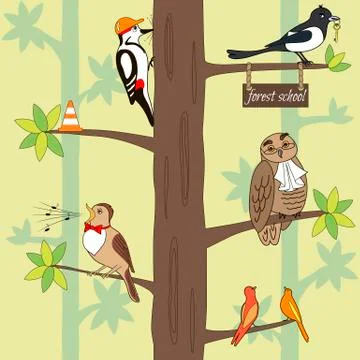 Seamless pattern cartoon birds on a tree. Stock Illustration