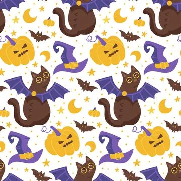 Seamless pattern with cartoon black cats with bat wings, witch hat and angree Stock Illustration