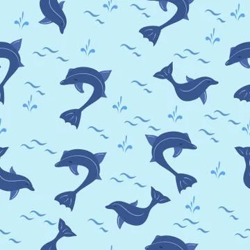 Seamless pattern with cartoon blue dolphins vector Stock Illustration