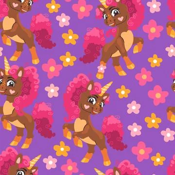 Seamless pattern cartoon brown unicorns vector illustration Stock Illustration