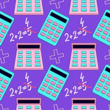 Seamless pattern with cartoon calculators and funny math error. Vector illu.. Stock Illustration