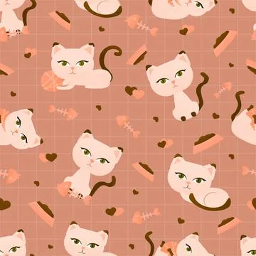 Seamless pattern with cartoon cat character in different poses on brown strip Stock Illustration