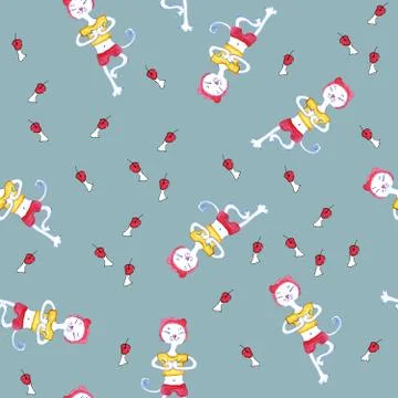 Seamless pattern with cartoon cat doing yoga. Symbol of a healthy lifestyle. Stock Illustration